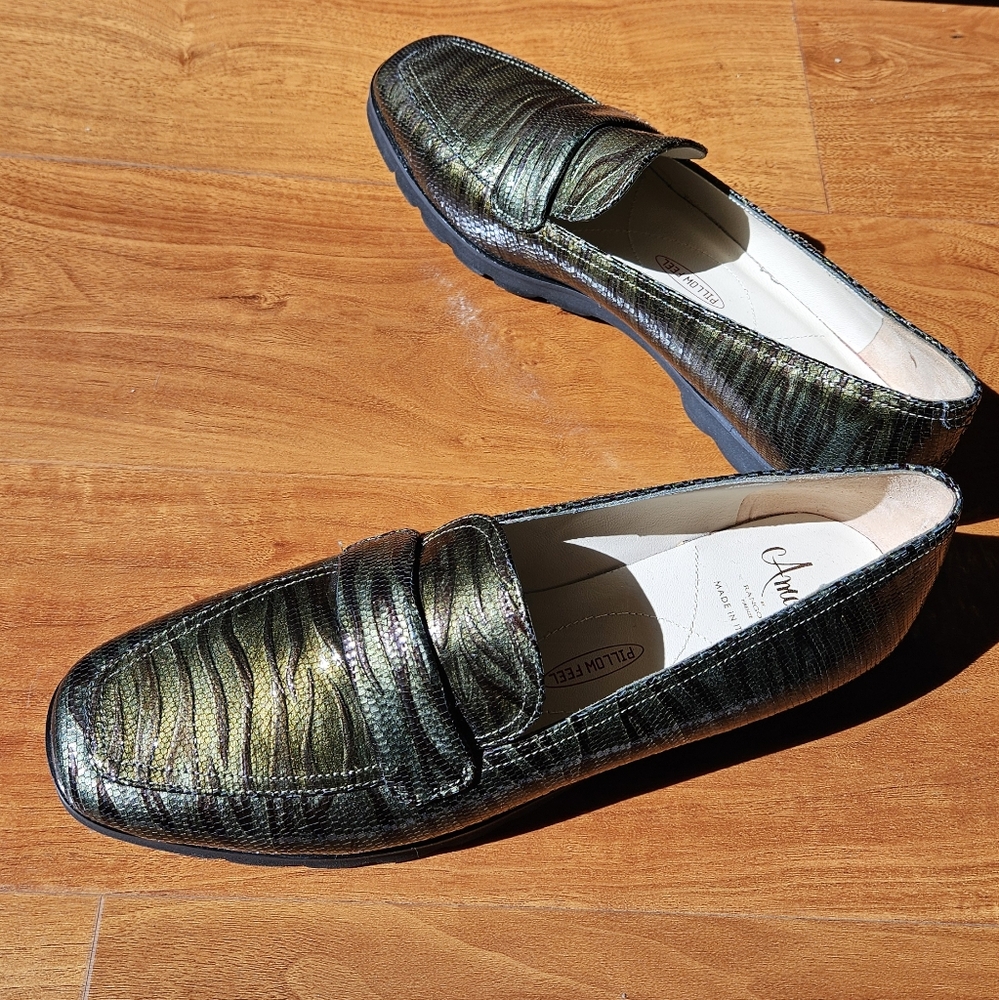 Rangoni Green Leather Loafers Slip-On Shoes